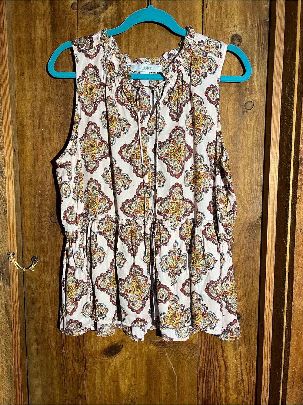 LOFT Cream Paisley-Print Sleeveless Ruffle-Neck Peplum Top
